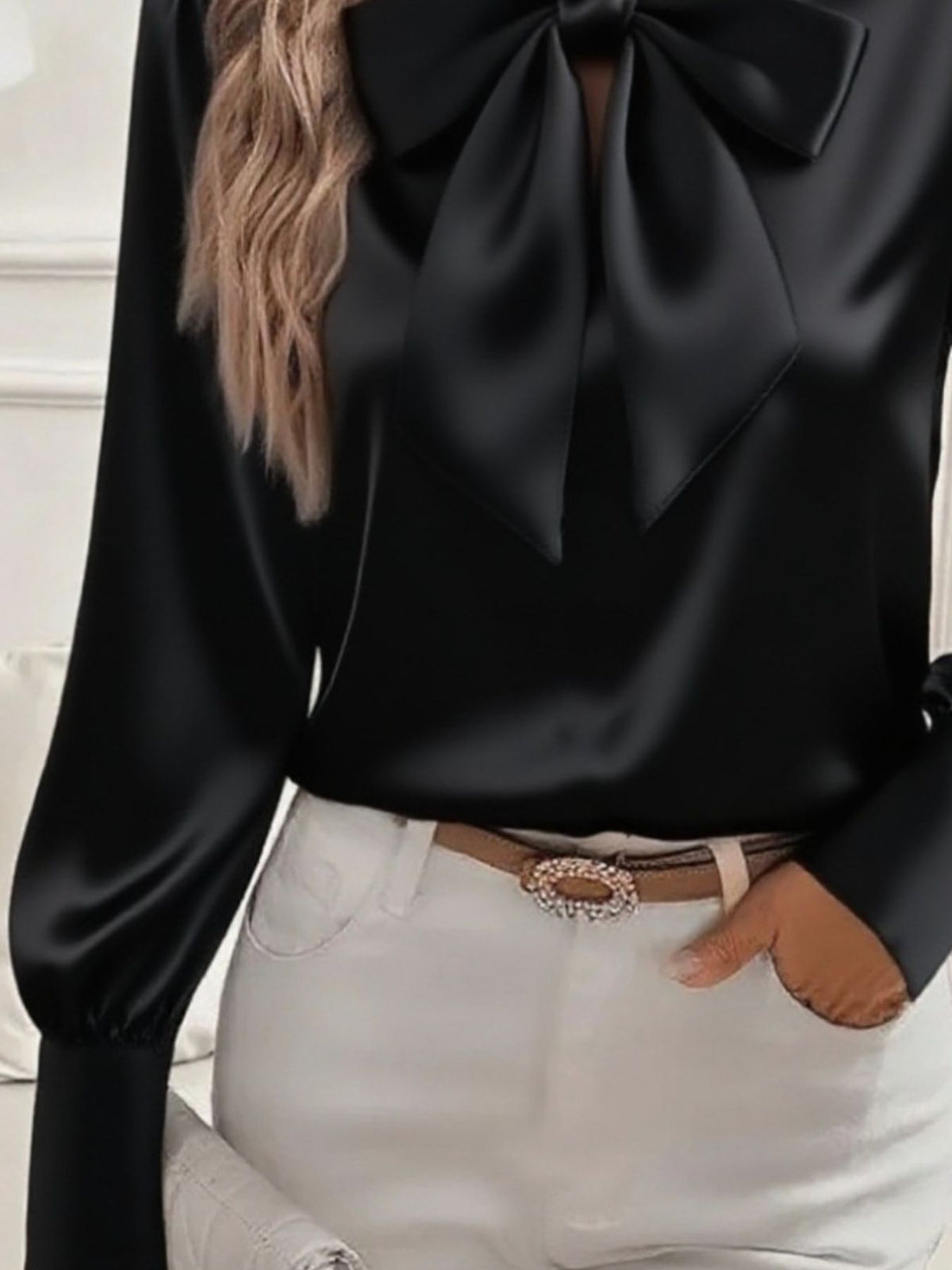 Satin Bow Tie Long Sleeve Top (9)