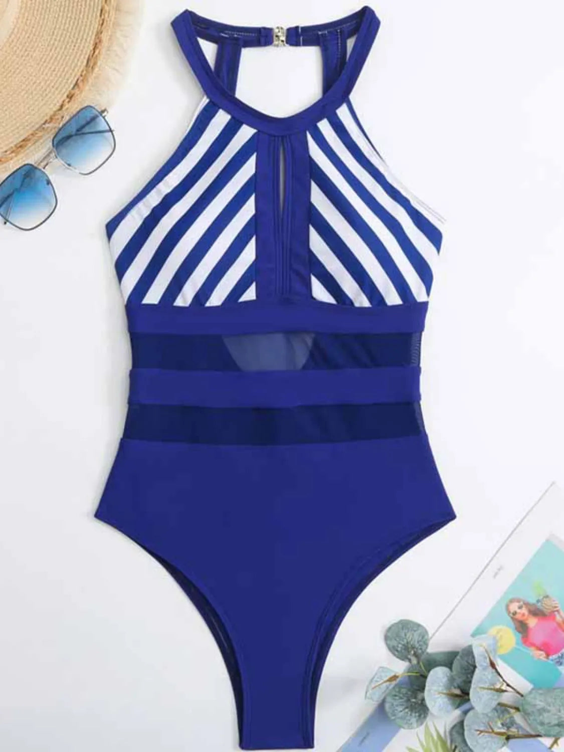 Mesh Detail Backless Striped One-piece Swimsuit (5)