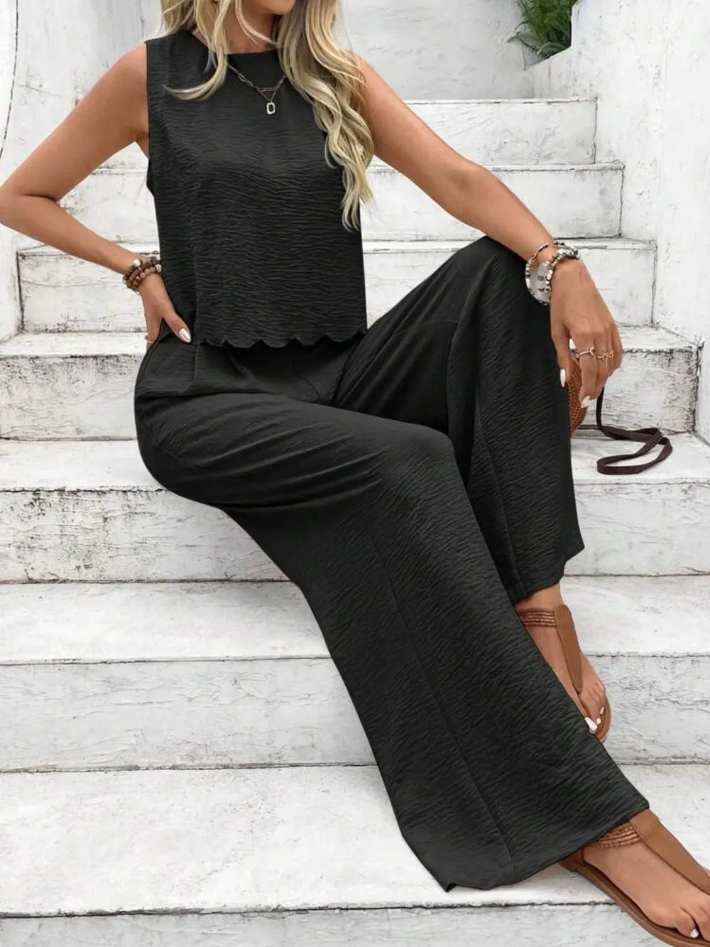 Tie Back Round Neck Top Pants Set (10)