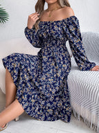 Floral Print Long Sleeve Square Neck Midi Dress (6)
