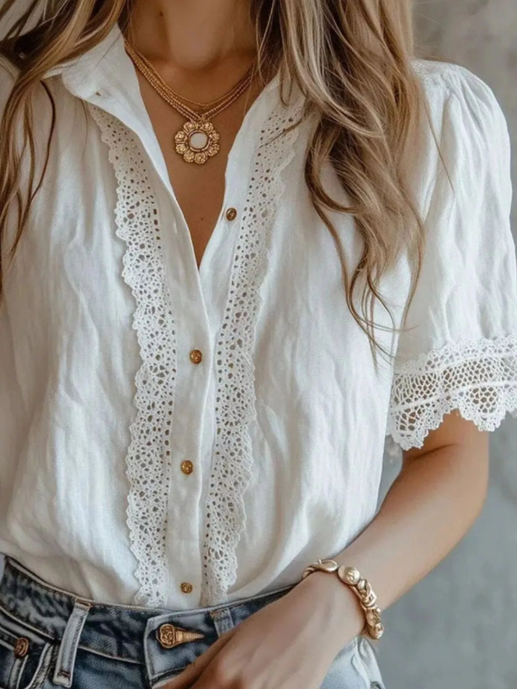 Lace-trimmed Short Sleeve Button-down Shirt (2)