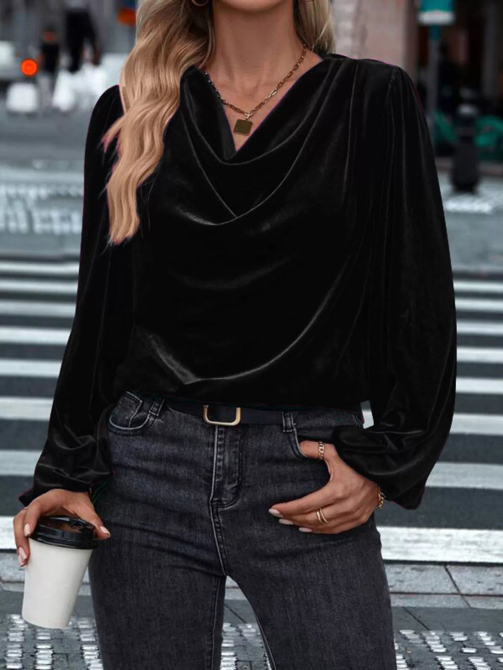 Velvet Cowl Neck Long Sleeve Blouse (5)