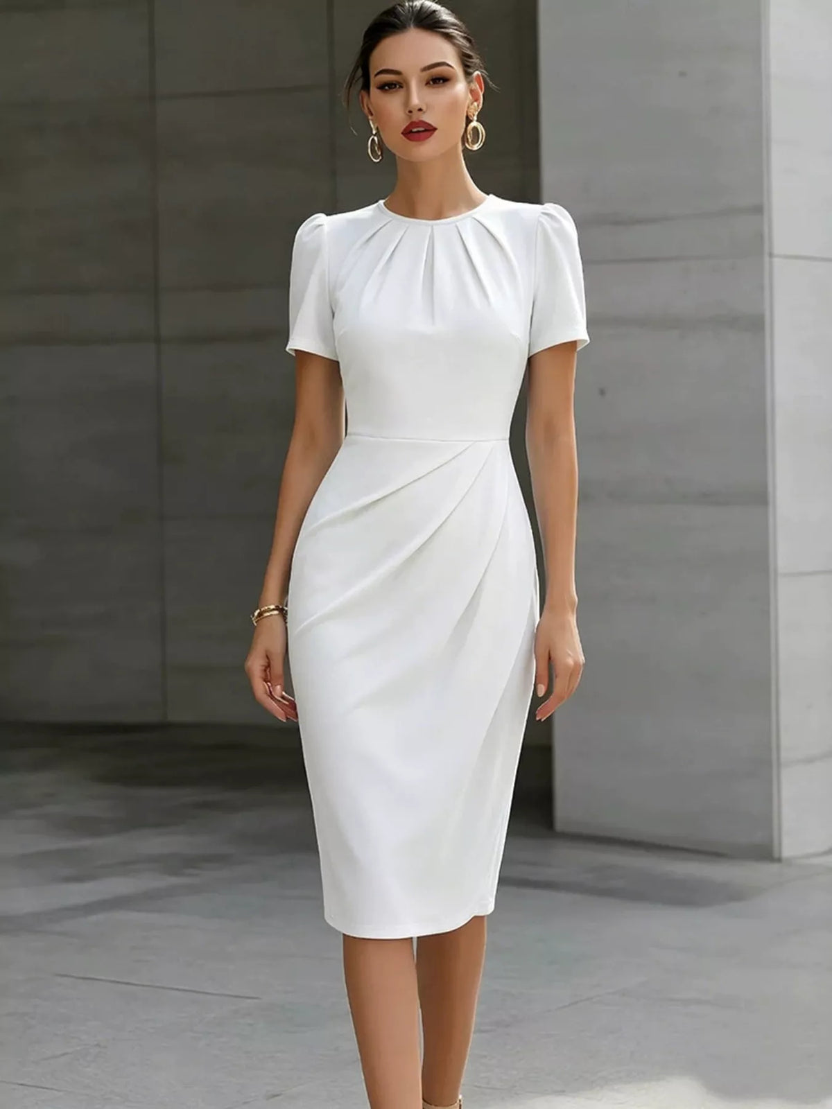 Ruched Short Sleeve Midi Dress (7)