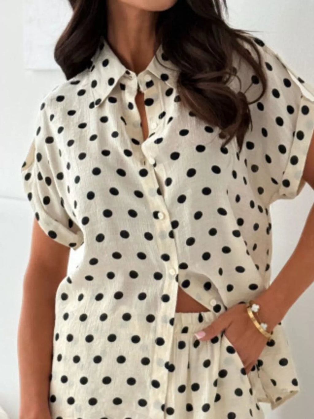 Polka Dot Button Up Shirt Shorts Set (3)