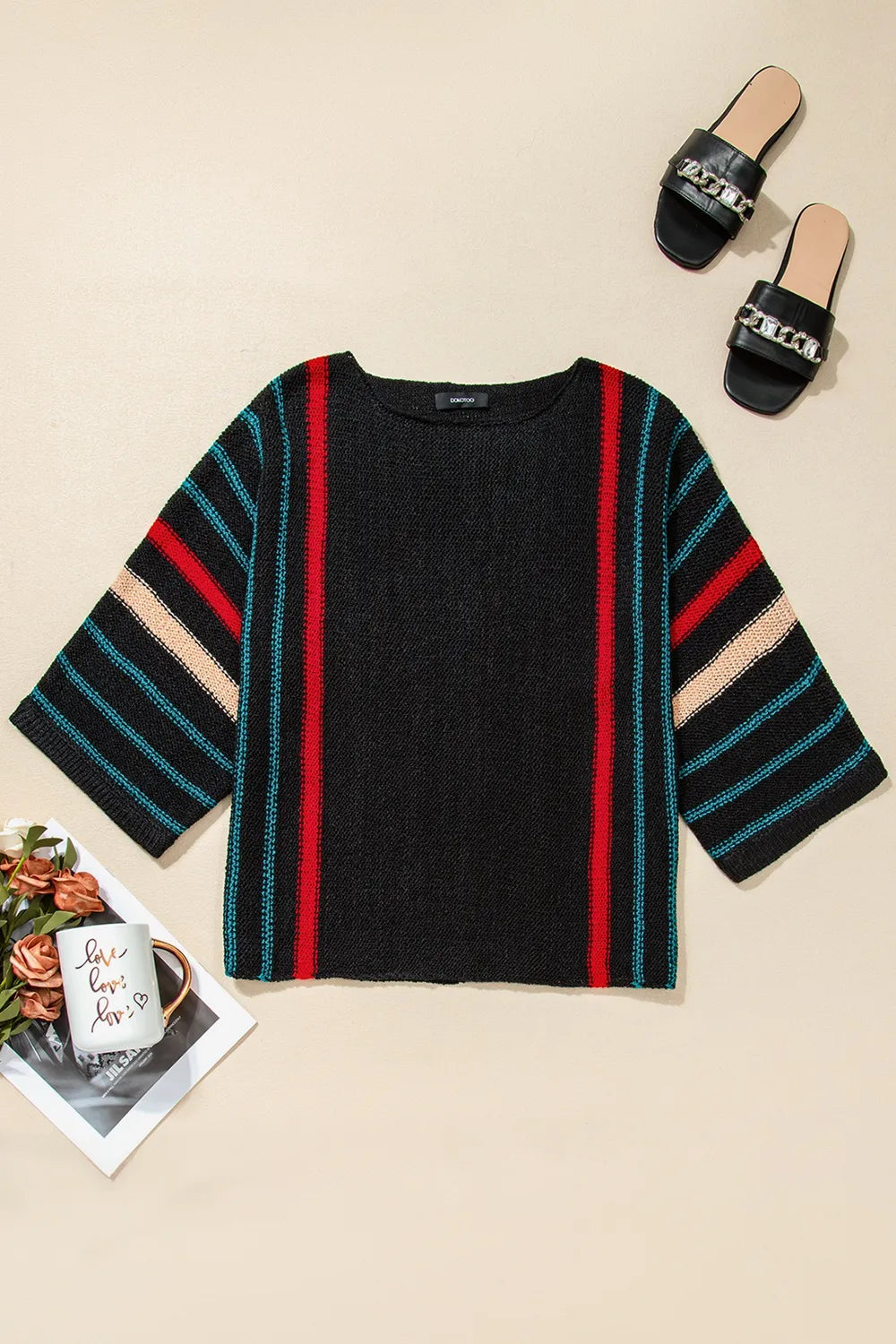 Striped Boat Neck Three-quarter Sleeve Knit Top (4)