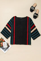 Striped Boat Neck Three-quarter Sleeve Knit Top (4)