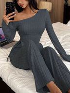 One-shoulder Ribbed Knit Top Pants Set (11)