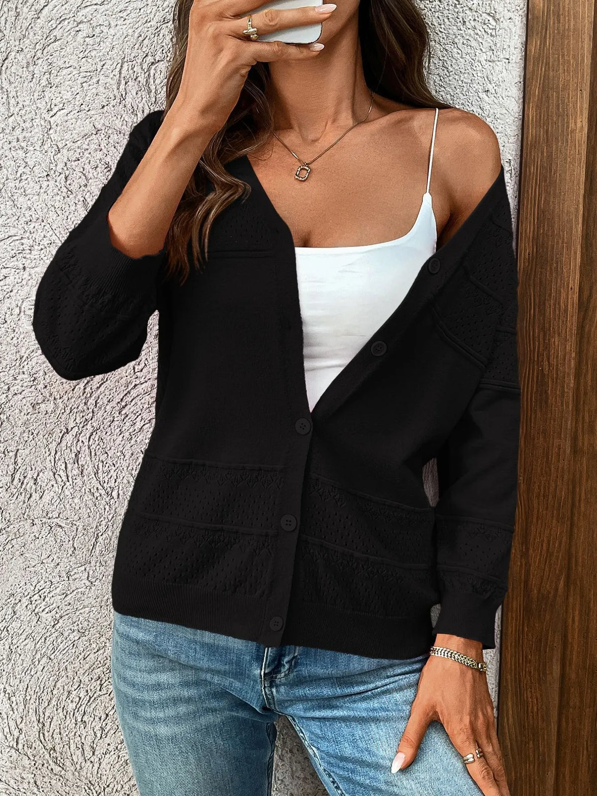 Textured Button-front Cardigan 3/4 Sleeves (11)