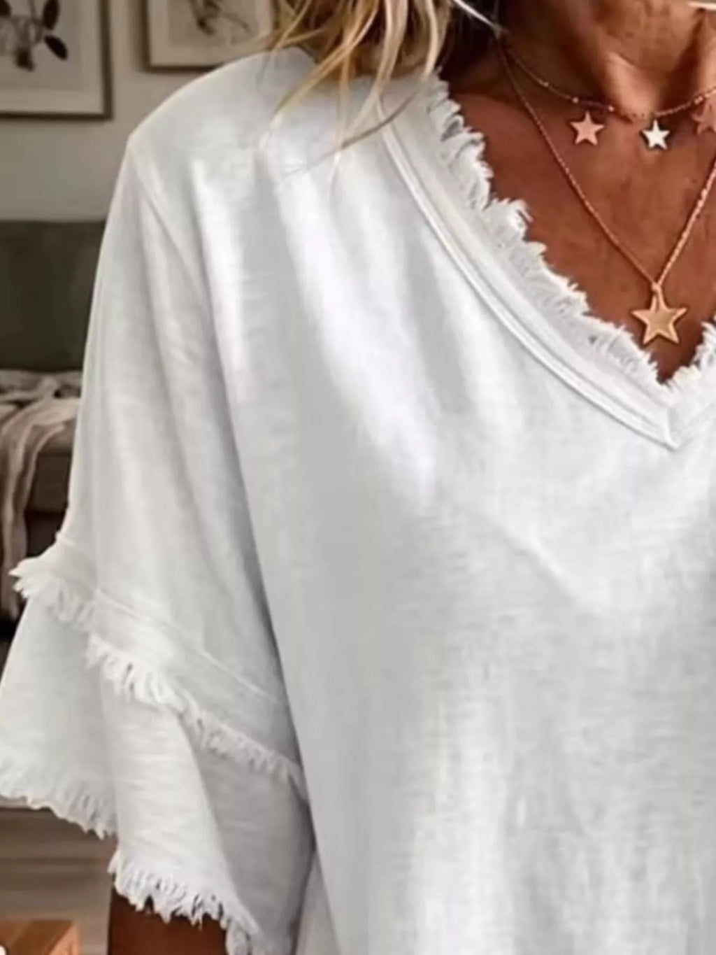 Full Size Frayed Edge V-neck Blouse Plus (2)