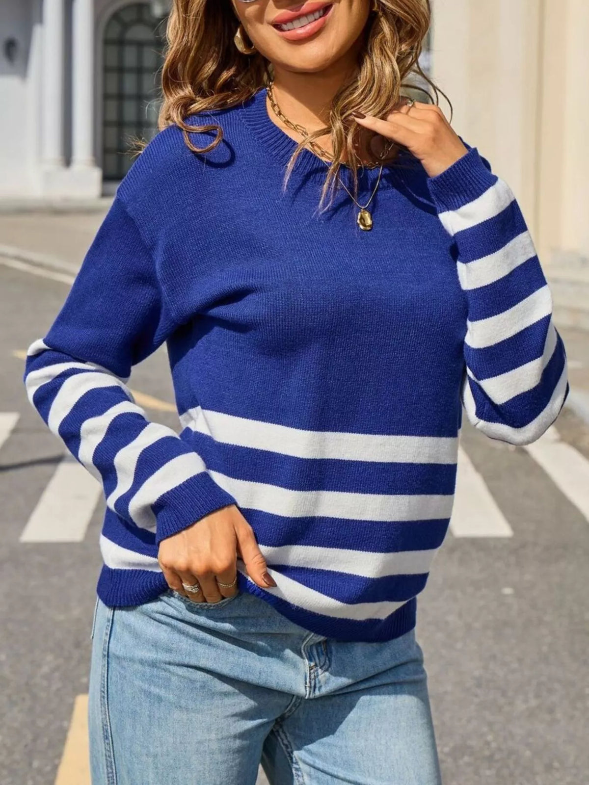 Striped Trim Crew Neck Sweater (13)
