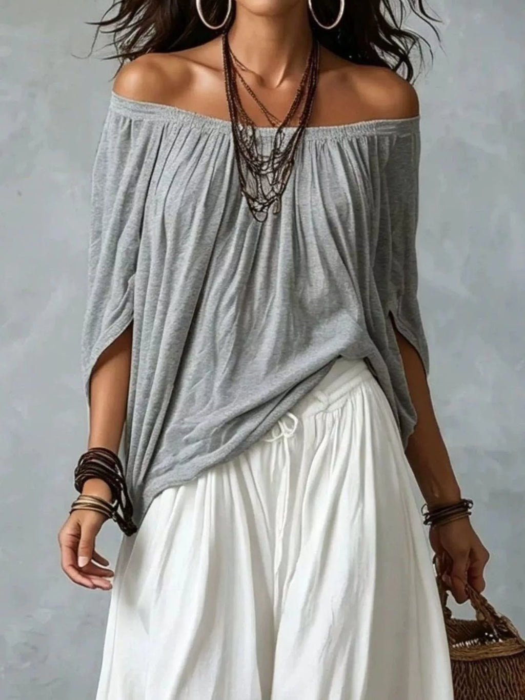 Full Size Off-shoulder Top Wide-leg Harem Pants Set Plus (2)