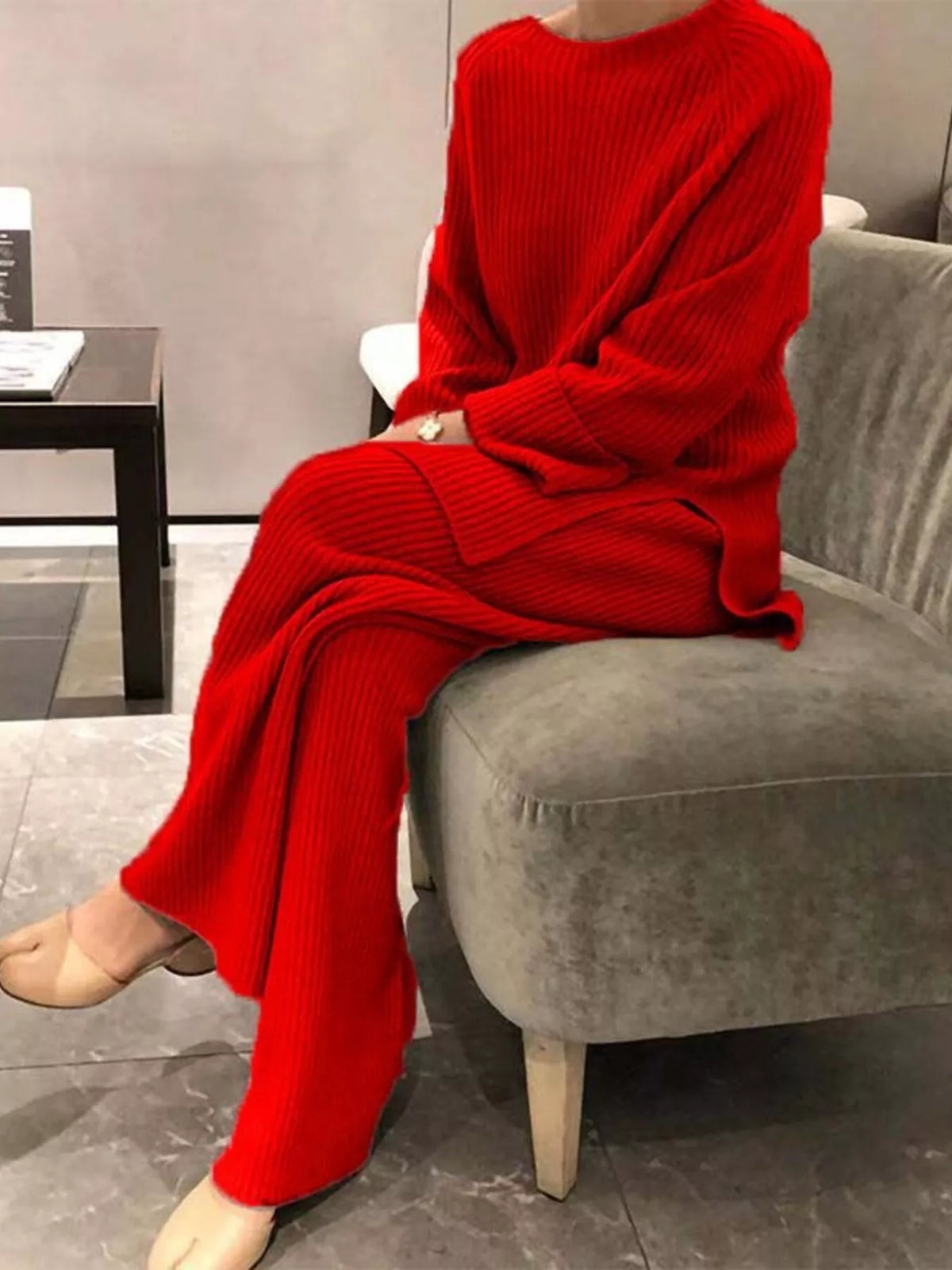 Full Size Ribbed Knit Relaxed Fit Top Pants Sweater Set Plus (10)