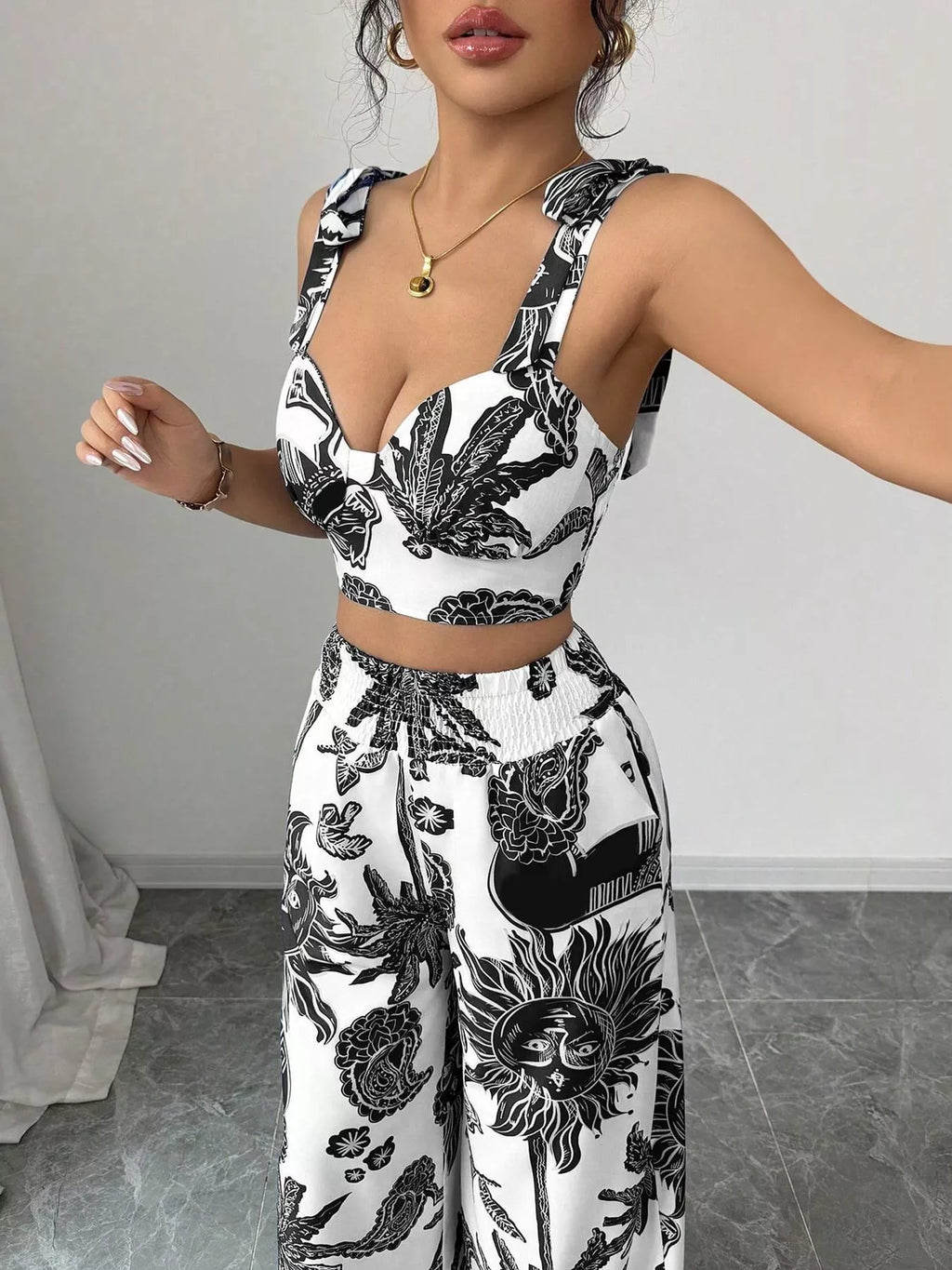 Floral Print Crop Top Wide Leg Pants Set (15)