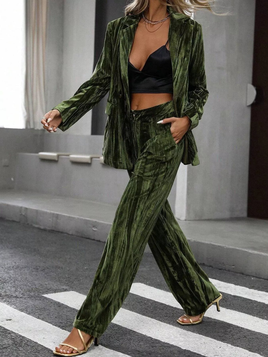 Lapel Collar Long Sleeve Blazer Pants Set (4)