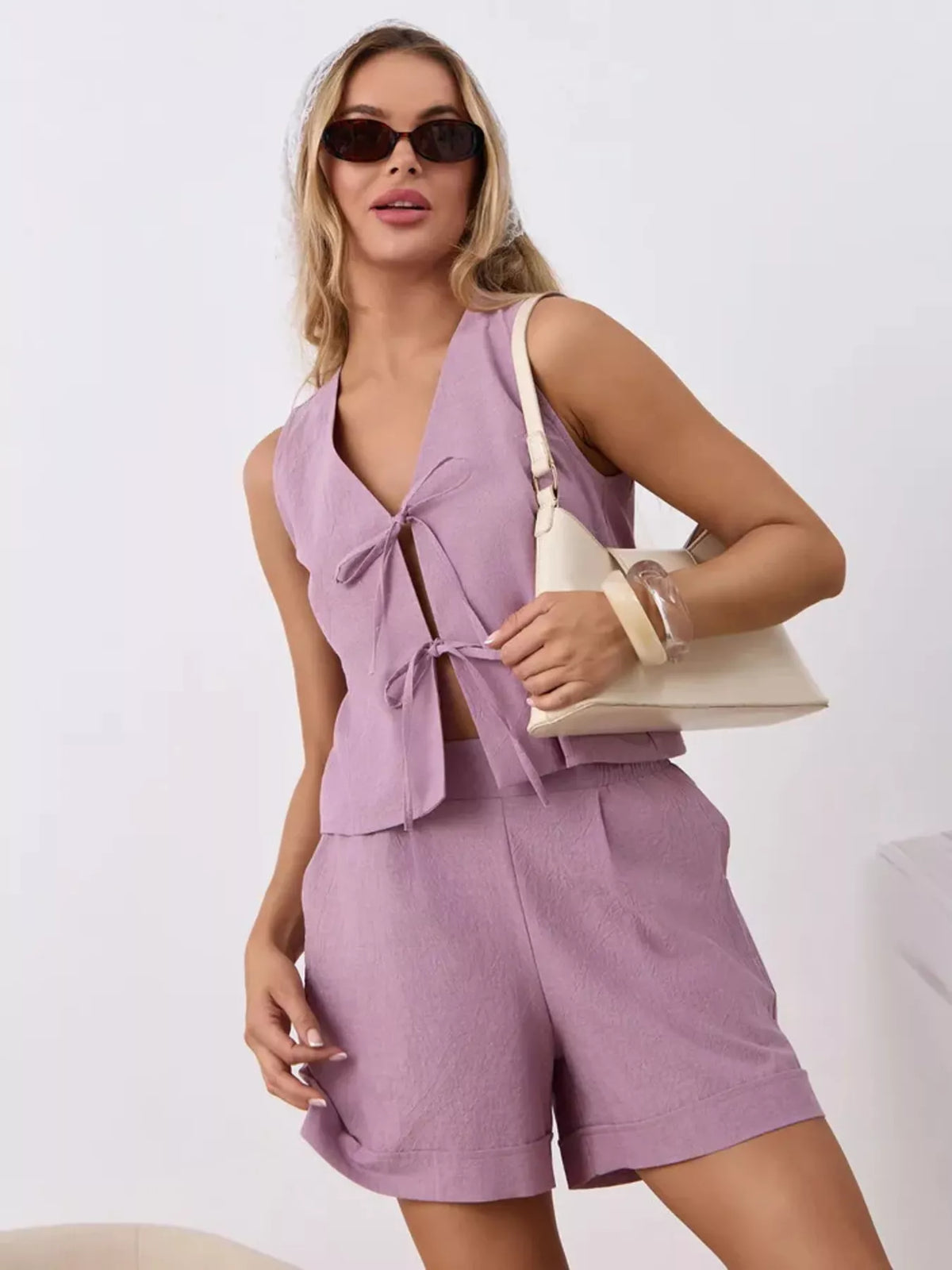 Tie-front Sleeveless Top Shorts Set (21)