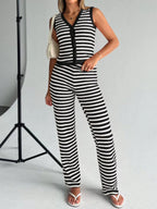Striped Knit V-neck Button-up Sleeveless Top Flare Pants Set (16)