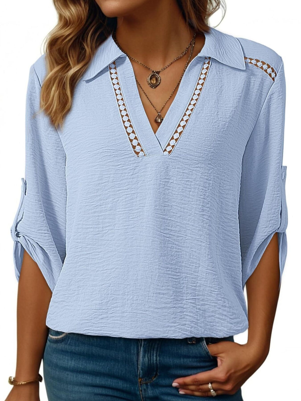 Johnny Collar Roll-up Sleeve Blouse (8)