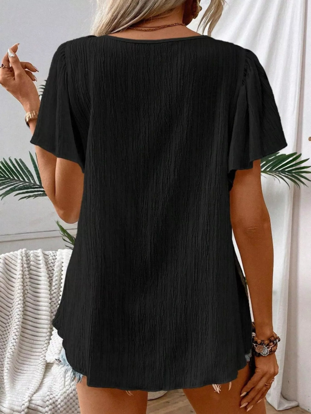 Embroidered Square Neck Flutter Sleeve Blouse (12)