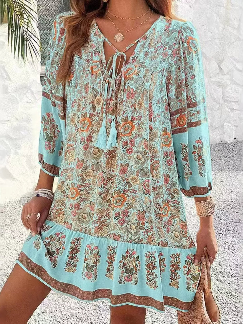 Floral Print Tassel Tie Neck Mini Dress (8)