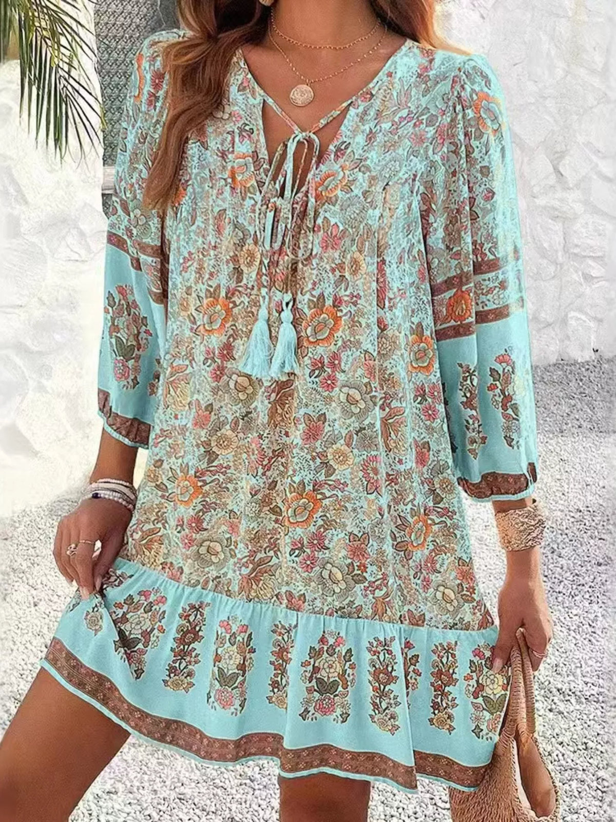Floral Print Tassel Tie Neck Mini Dress (8)