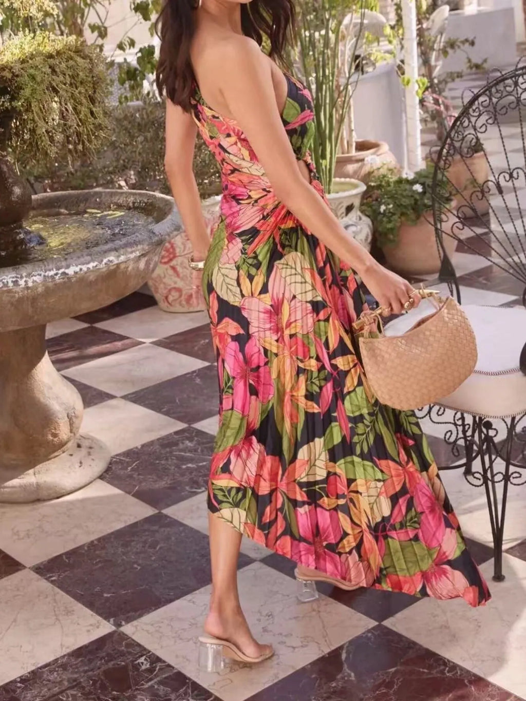 Single Shoulder Floral Pleated Dress (8)