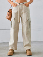 Drawstring Mid-rise Waist Straight Cargo Jeans (15)
