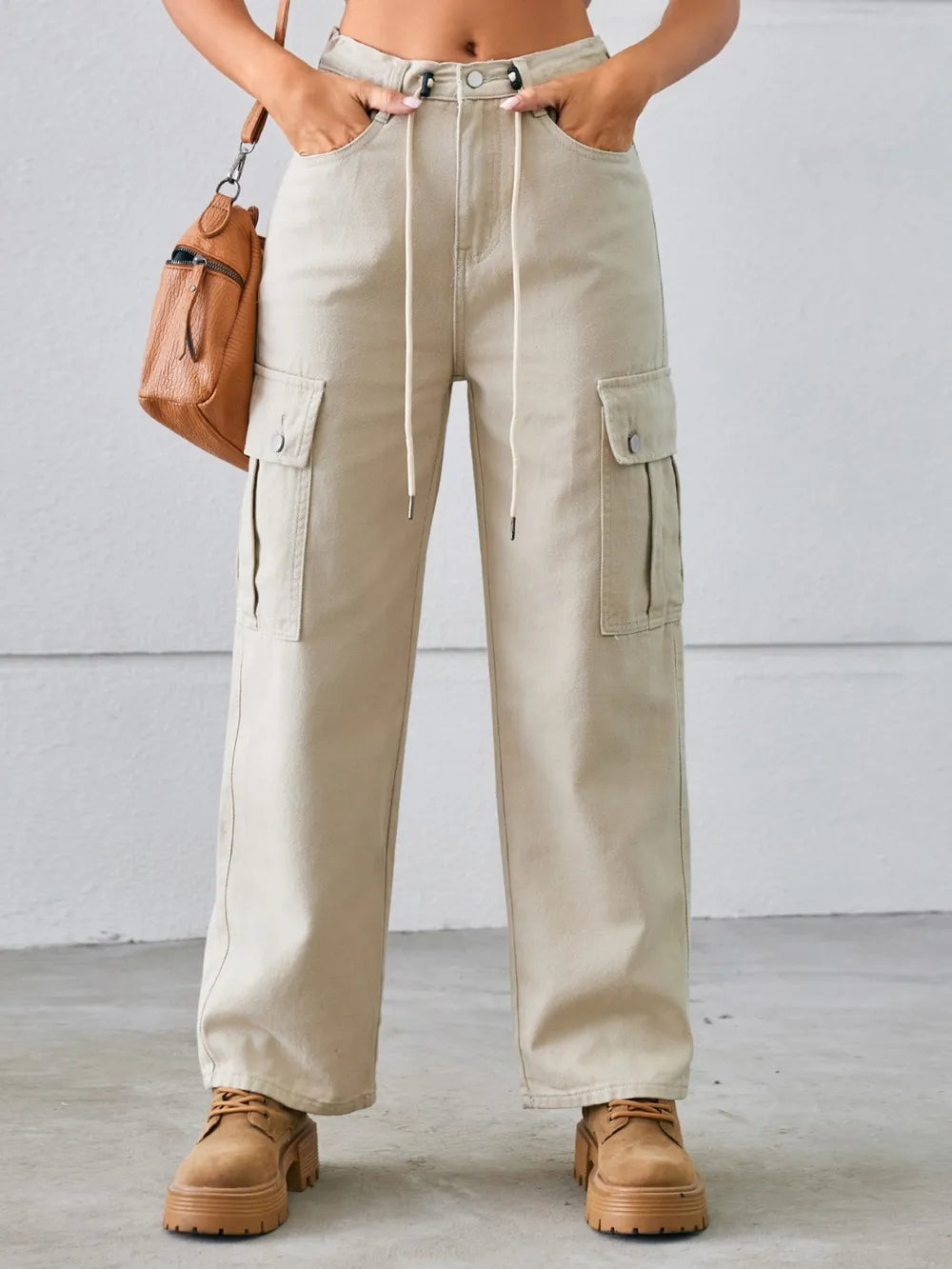 Drawstring Mid-rise Waist Straight Cargo Jeans (15)