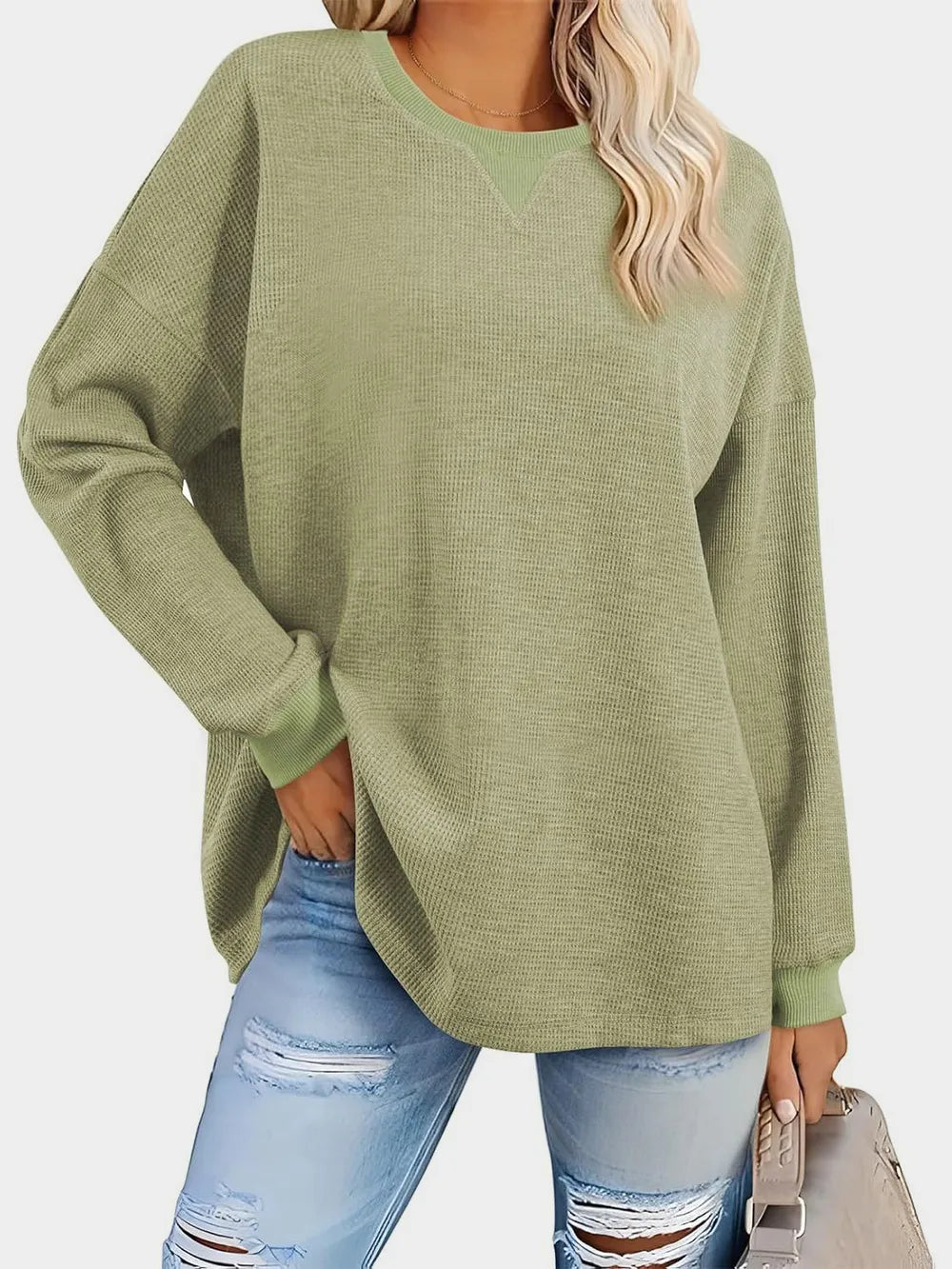 Waffle Knit Round Neck Long Sleeve T-shirt (19)