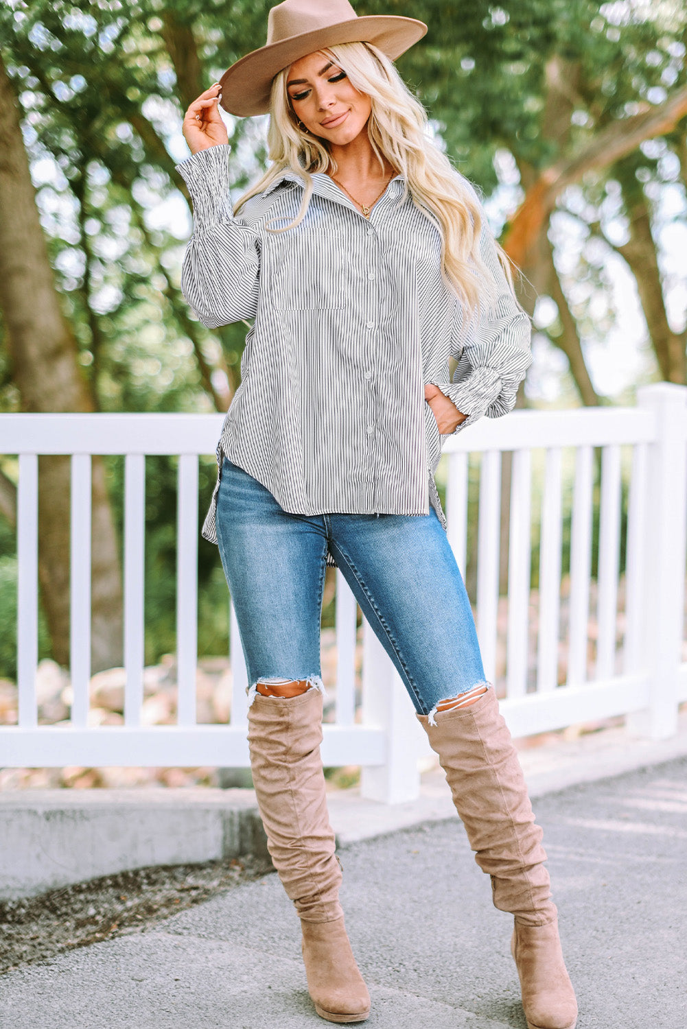 Striped Lantern Sleeve Collared Shirt (19)
