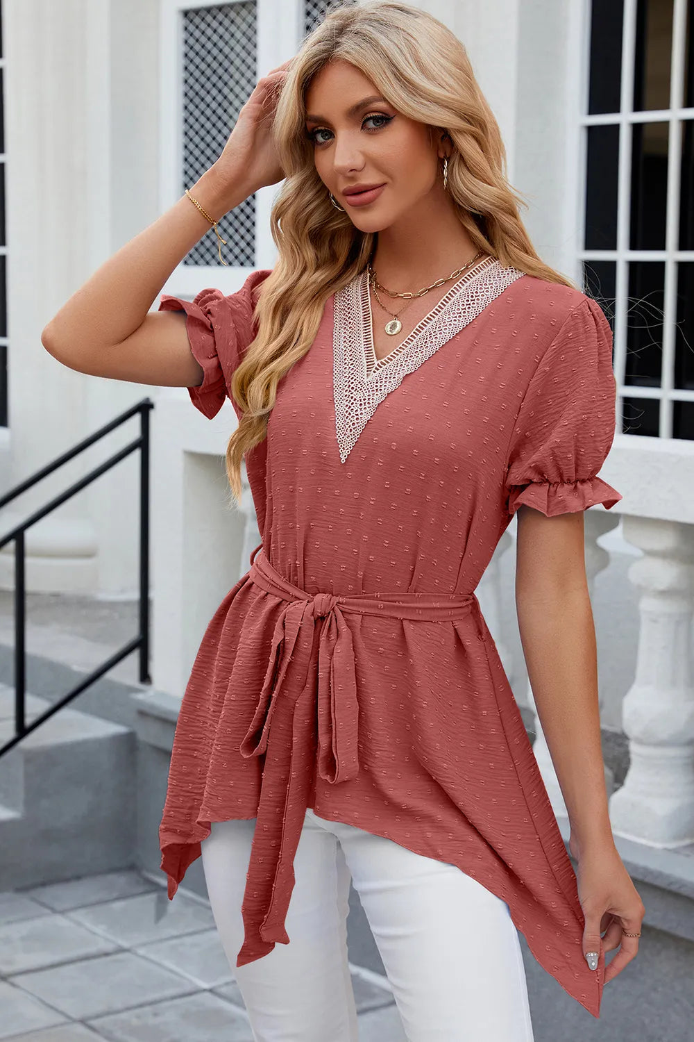 Swiss Dot Tie Waist Flounce Sleeve Blouse (10)