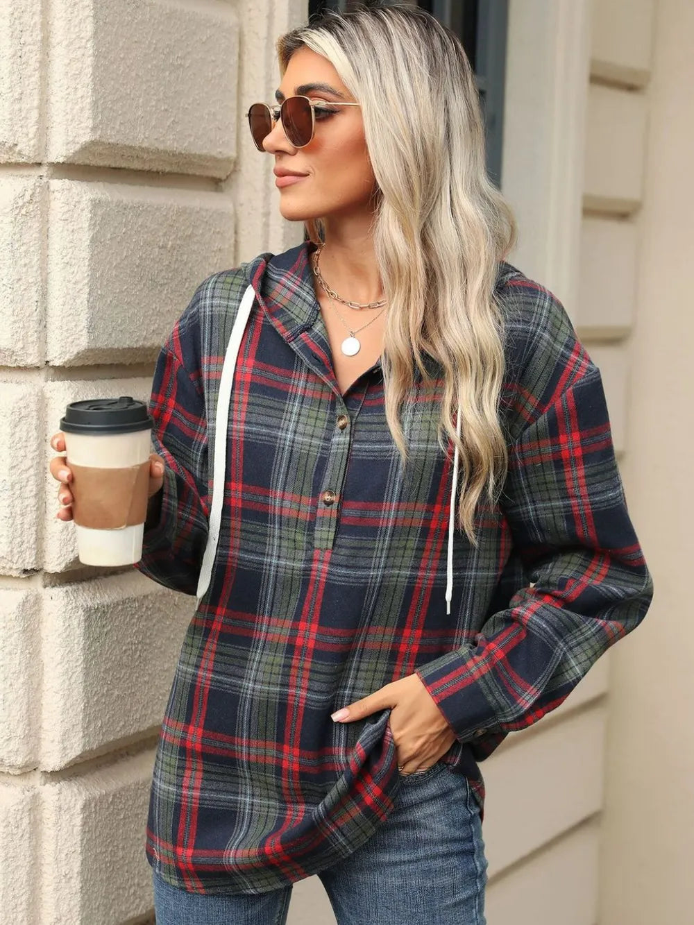 Drawstring Plaid Hooded Long Sleeve Top (11)