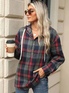 Drawstring Plaid Hooded Long Sleeve Top (11)