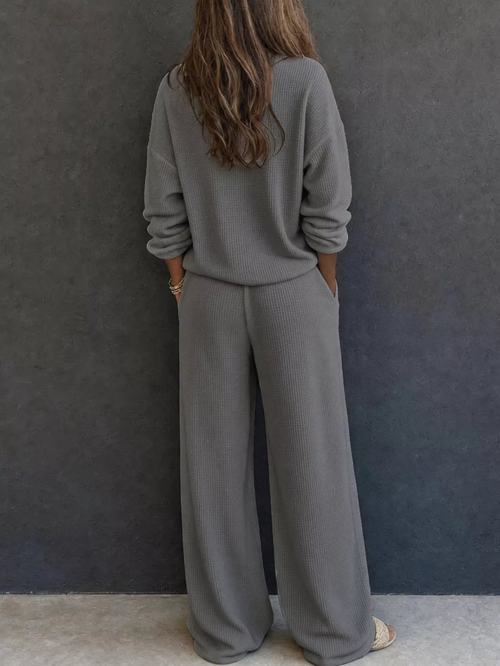 Waffle Knit Henley Top Wide Leg Pants Set (12)