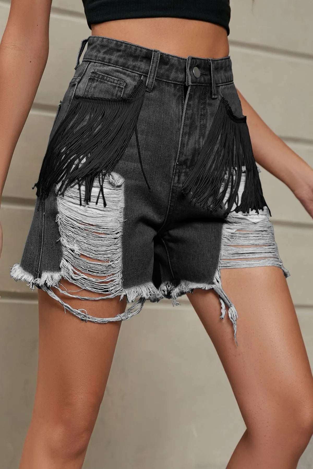 Distressed Fringe Denim Shorts (14)