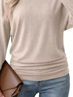 Long Sleeve Crew Neck Casual T-shirt Ruched Hem (14)