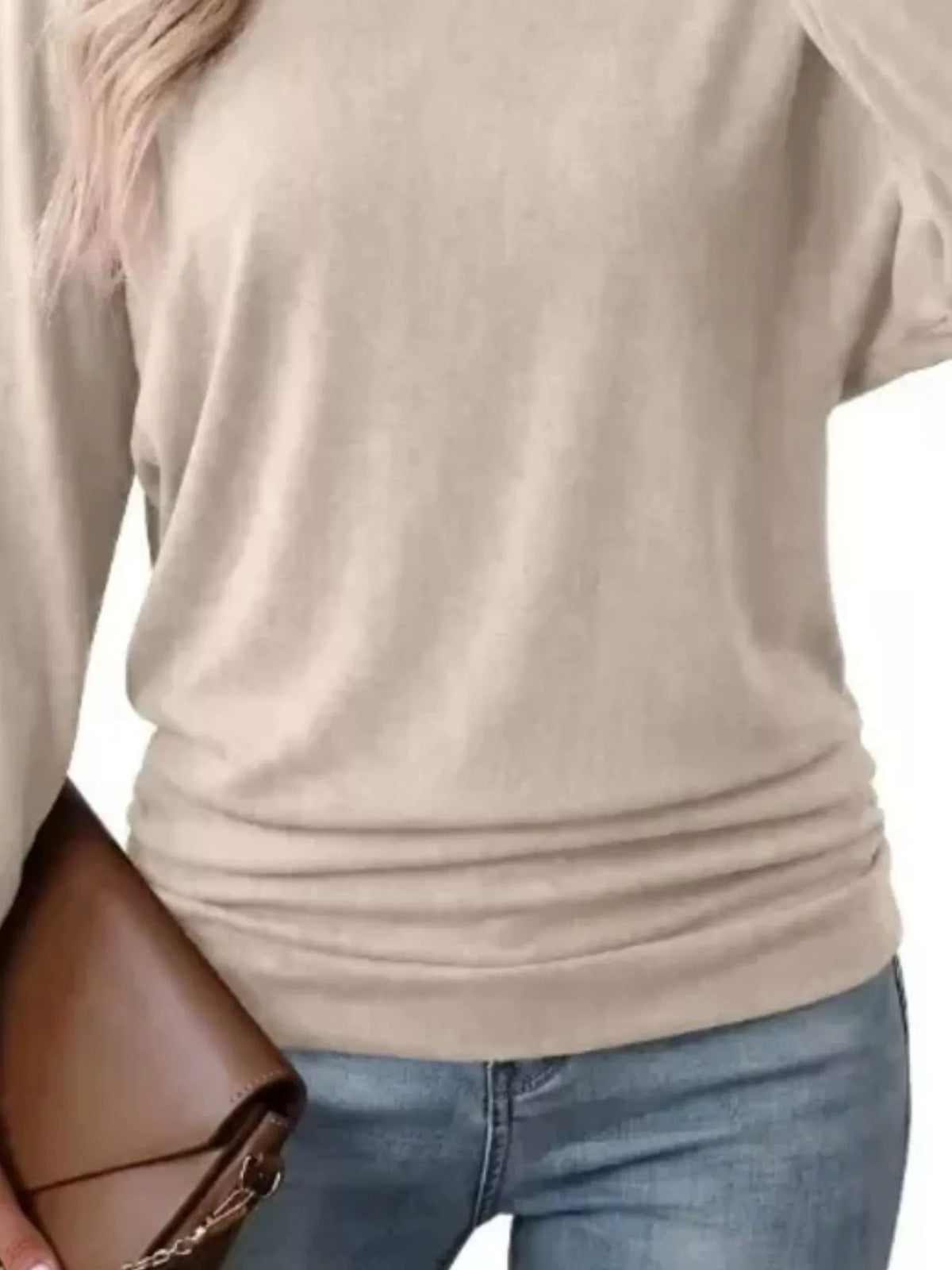 Long Sleeve Crew Neck Casual T-shirt Ruched Hem (14)