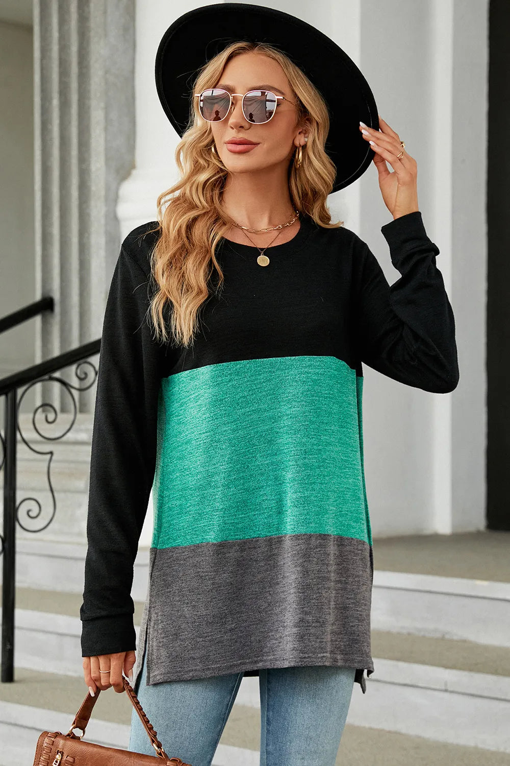 Block Round Neck Long Sleeve T-shirt (11)