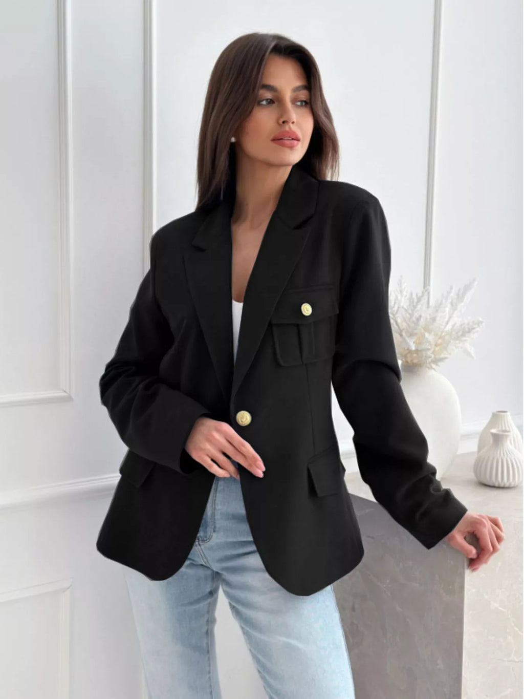Lapel Collar One Button Blazer (19)