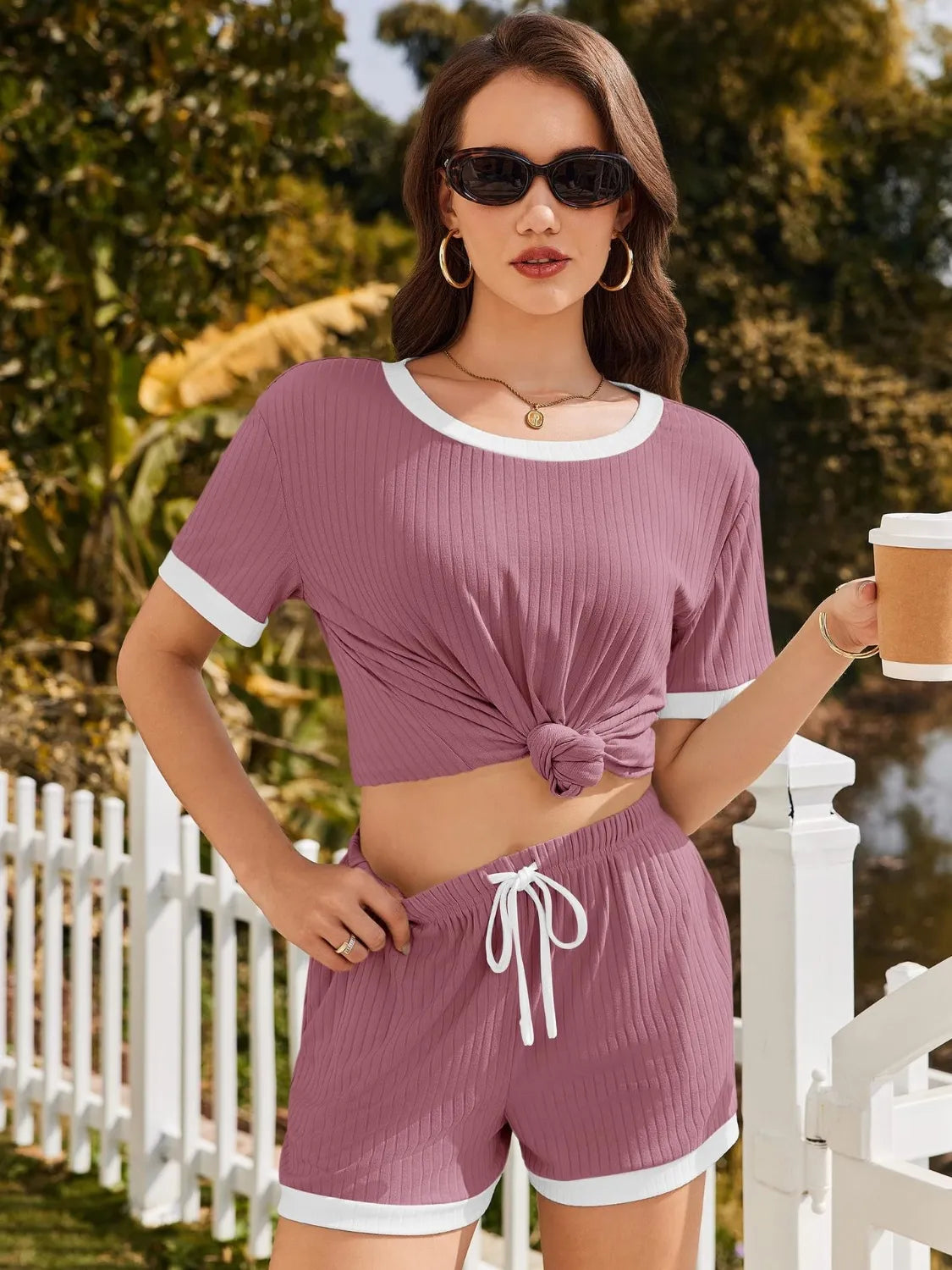 Ribbed Short Sleeve Top Shorts Set (7)