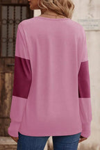 Decorative Button Contrast V-neck Long Sleeve T-shirt (11)