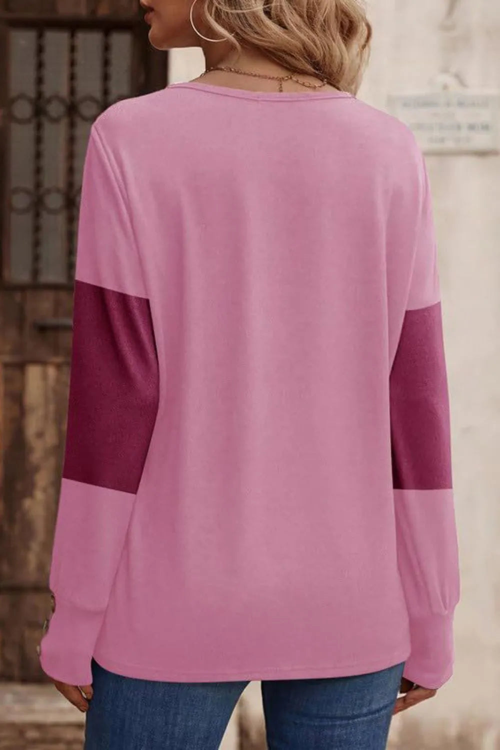Decorative Button Contrast V-neck Long Sleeve T-shirt (11)