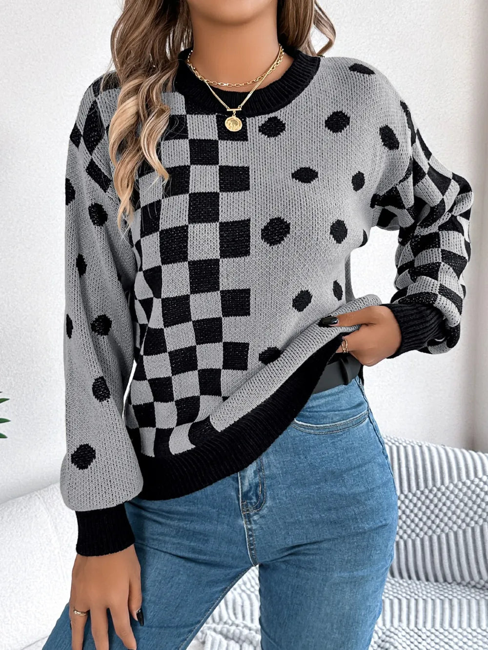 Plaid Round Neck Long Sleeve Sweater (3)