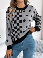 Plaid Round Neck Long Sleeve Sweater (3)