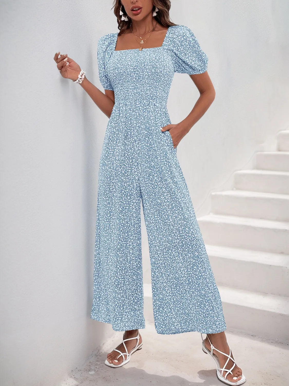 Printed Square Neck Puff Sleeve Jumpsuit (25)