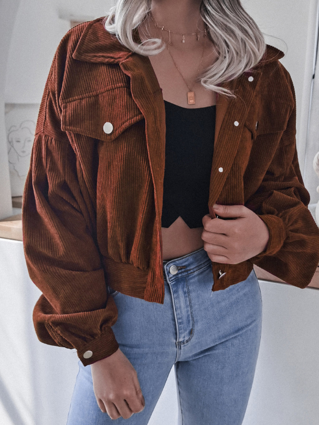 Lantern Sleeve Cropped Corduroy Jacket (11)
