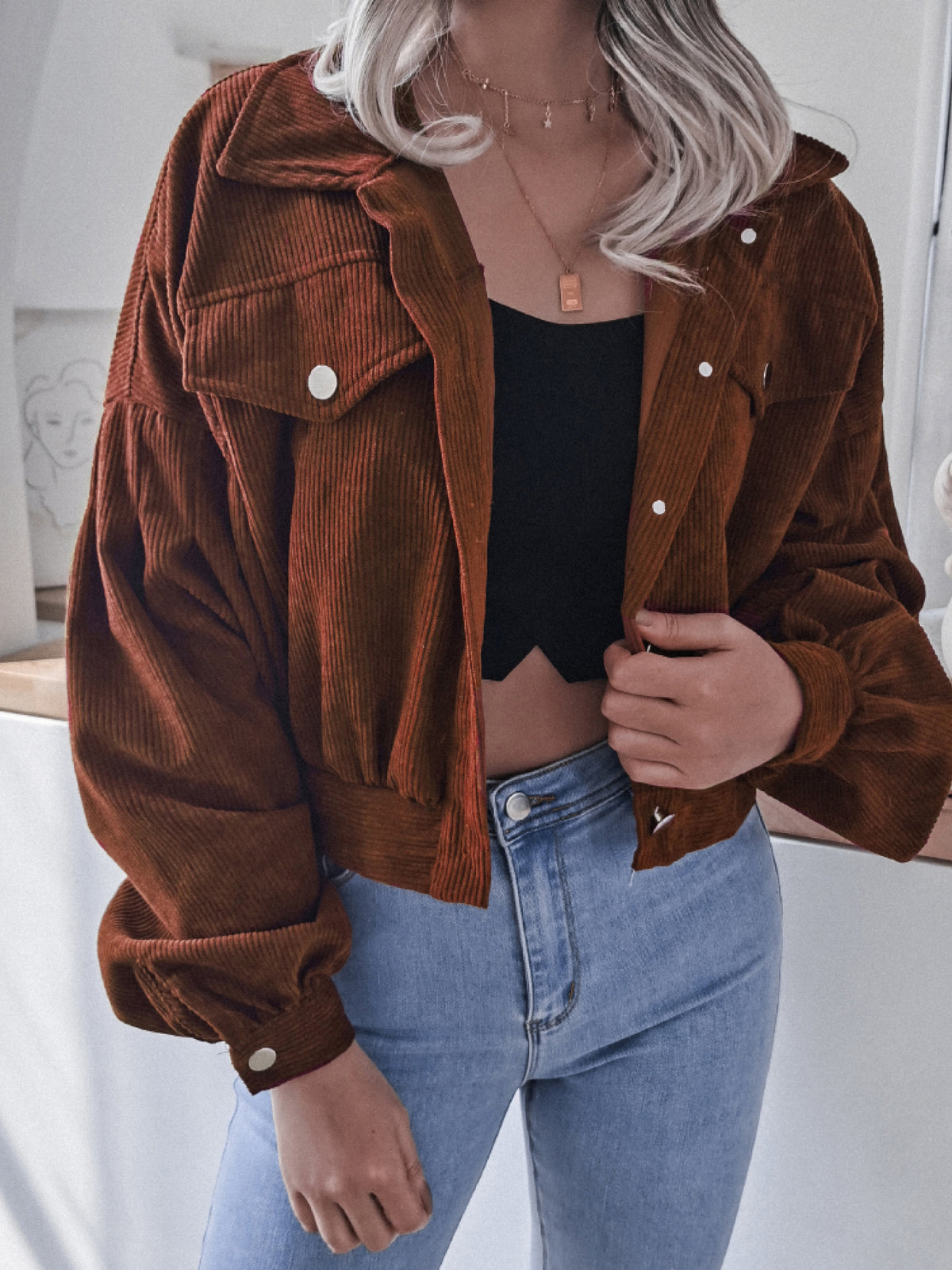 Lantern Sleeve Cropped Corduroy Jacket (11)