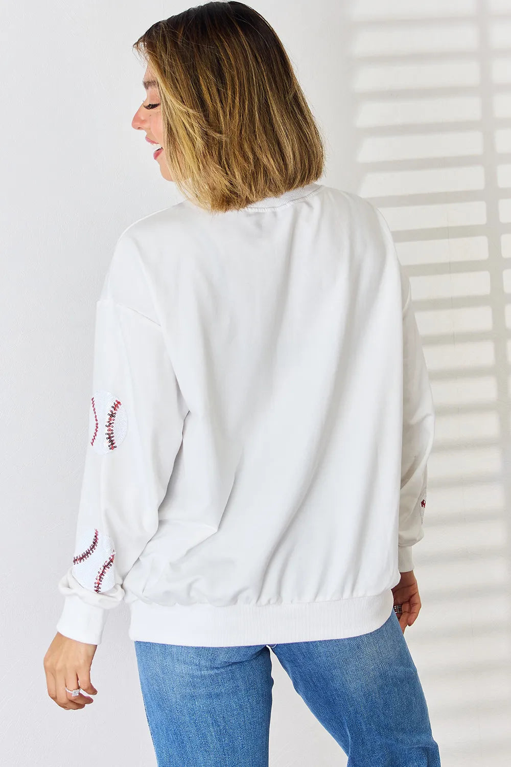 Sequin Baseball Round Neck Dropped Shoulder Sweatshirt (2)