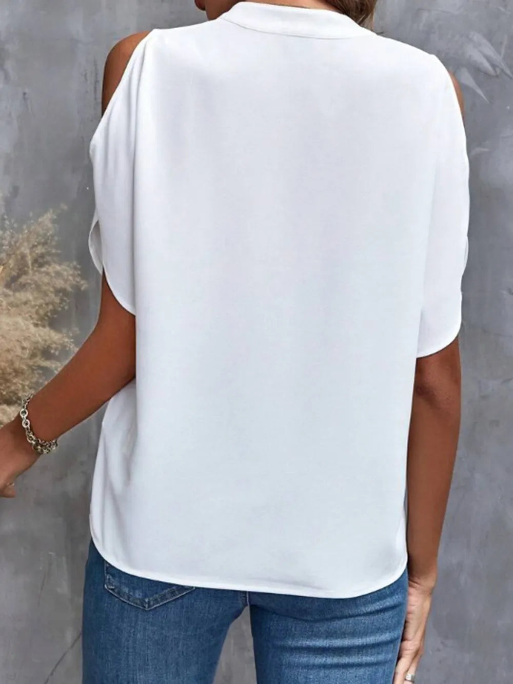 Notched Cold Shoulder Half Sleeve Blouse (2)