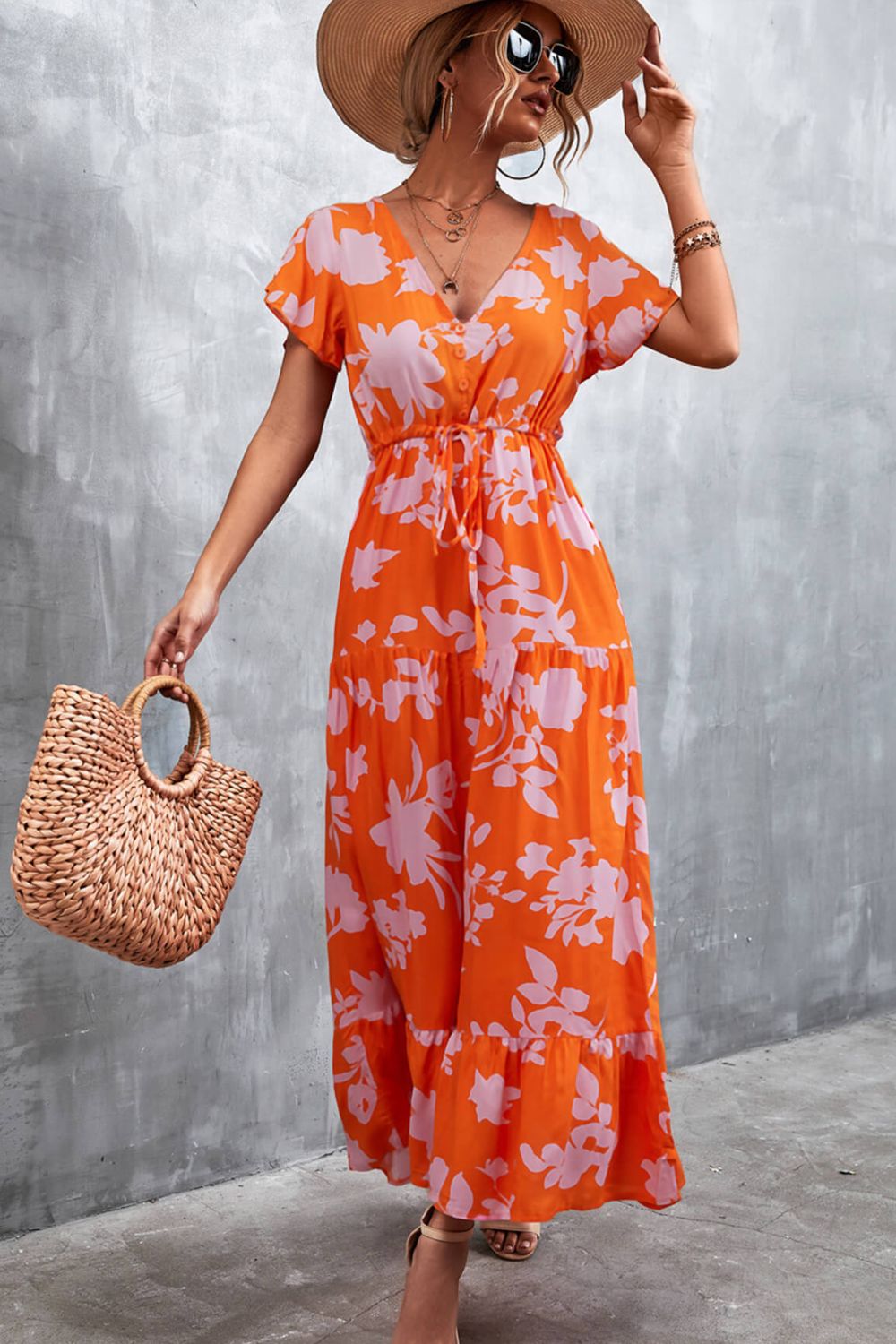Floral Buttoned Drawstring Waist Tiered Dress (5)