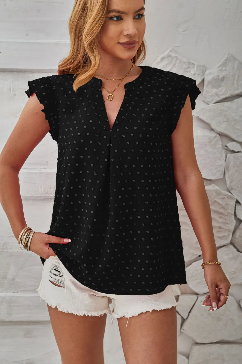 Swiss Dot Ruffled Cap Sleeve T-shirt (6)